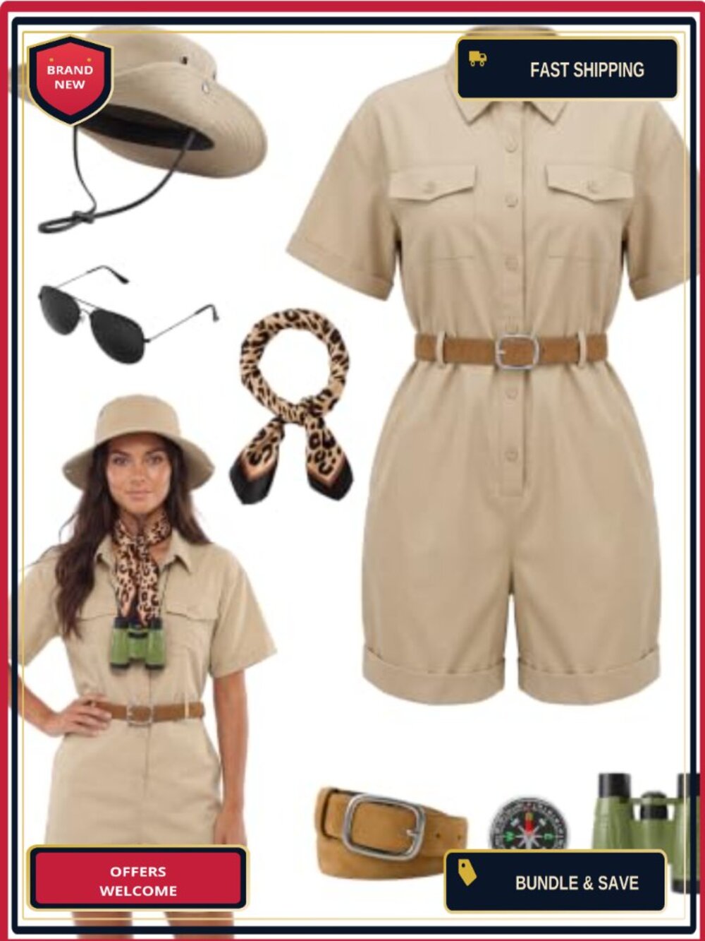 7-Piece Zoo Keeper Safari Costume Set Jumpsuit Hat Scarf Belt Women Halloween